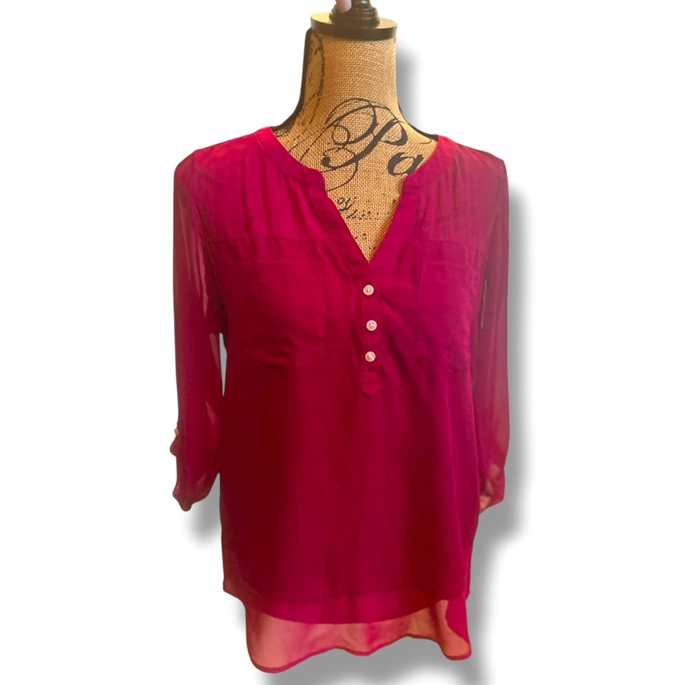 Express Magenta Pink Vibrant 3/4 Sleeve & Button Cuffed Top Blouse Shirt Med